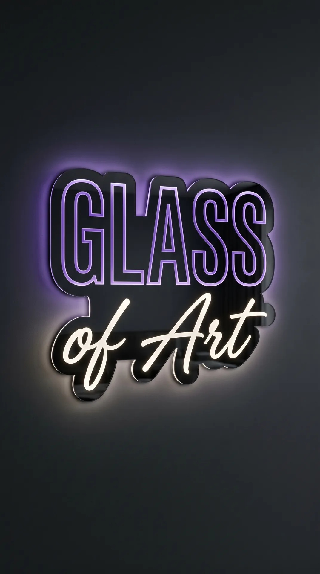 LED zrkadlový obraz s logom Glass of Art a fialovým neónovým podsvietením