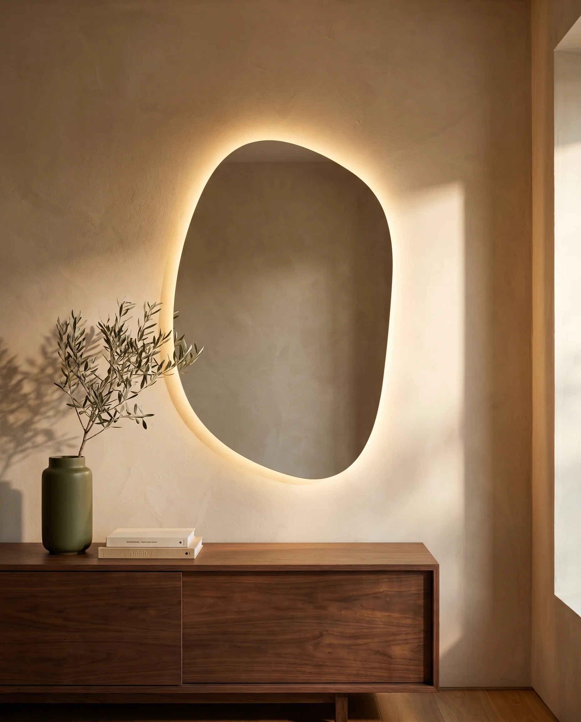 Asymetrické zrkadlo Stone Shape s teplým LED podsvietením nad orechovou komodou v minimalistickej vstupnej hale